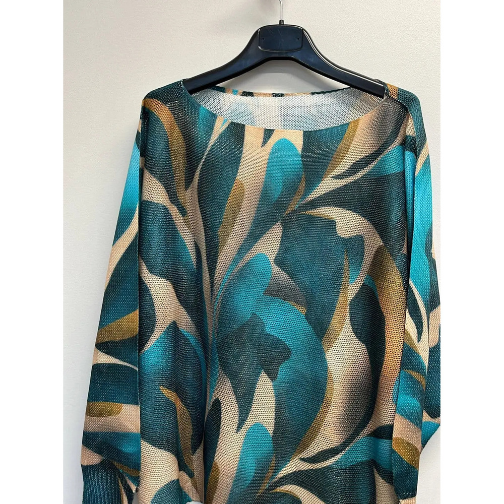 L162 Loowie Teal Leaves Printed Knit Sweater | Round Neck | One Size S-L